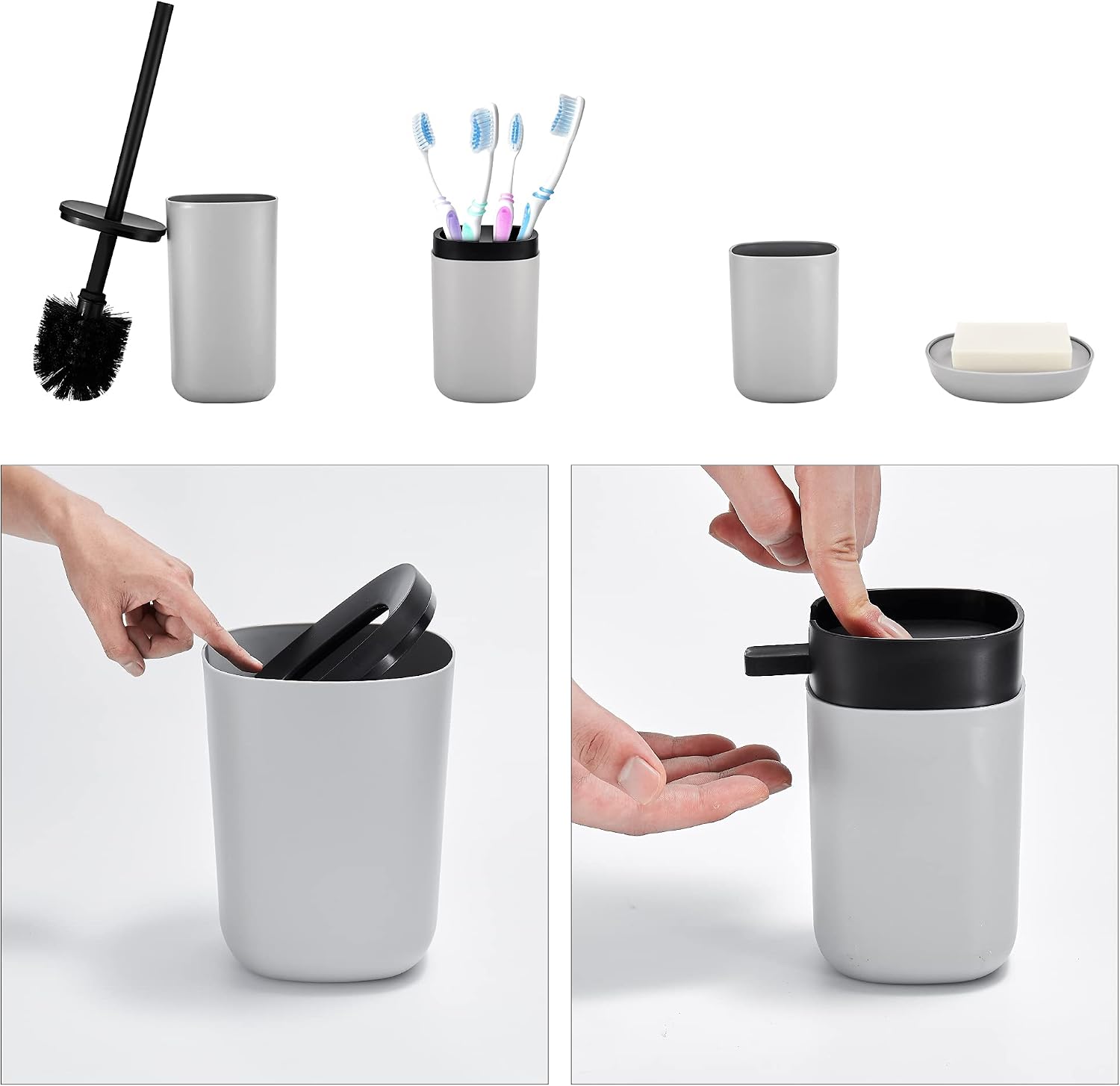 Dufu Bathroom Accessories Set 6 Piece Bath Ensemble Set with Trash Can, Toilet Brush Set, Toothbrush Holder, Tumbler, Soap Dish, Soap Dispenser for Decorative Countertop and Housewarming Gift(Grey)