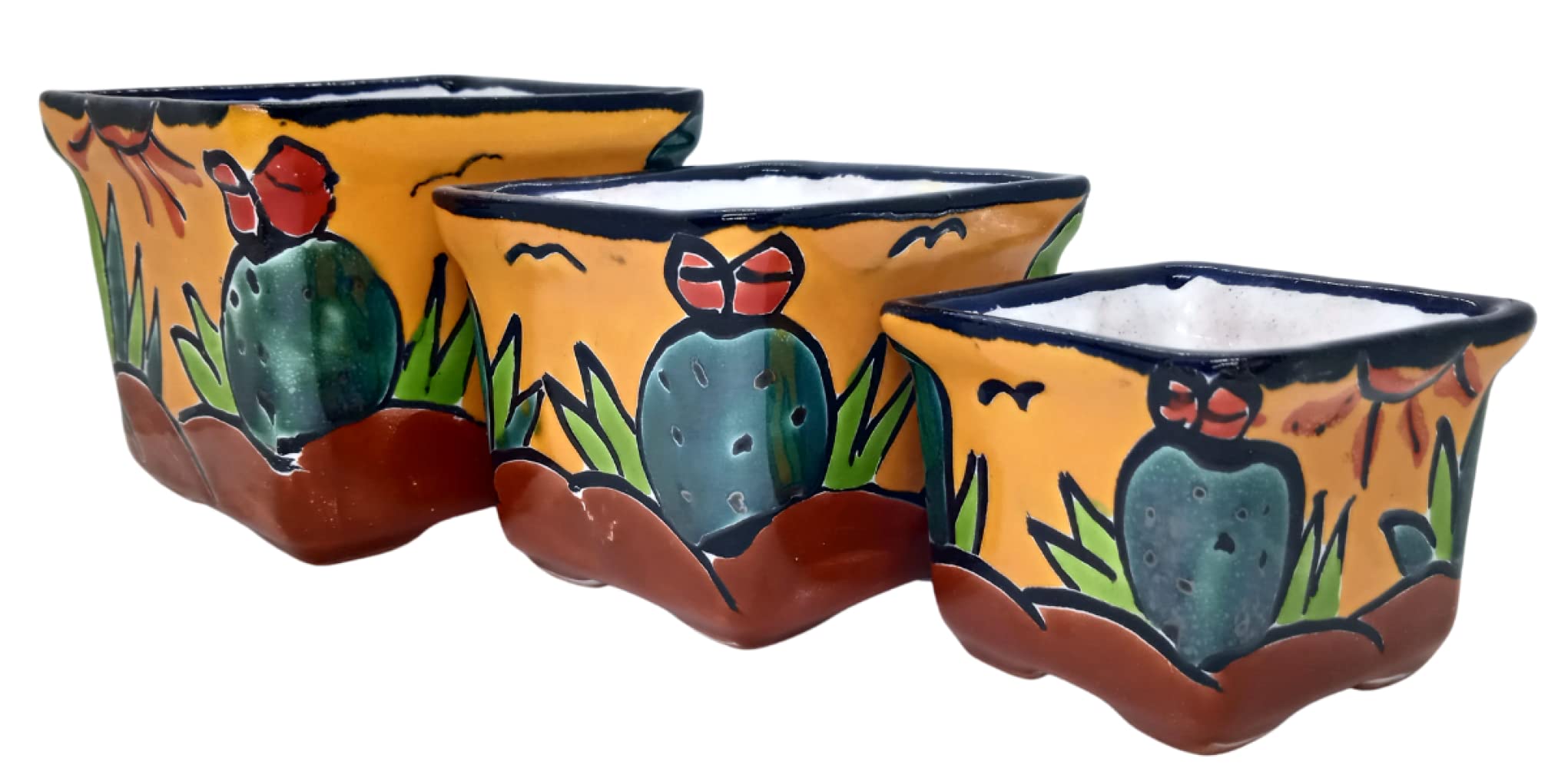 MEXTEQUIL Talavera Hand-Painted Flower Pots (Set of 3) - 2.8" Cactus Design - Authentic Mexican Pottery Planters for Succulents
