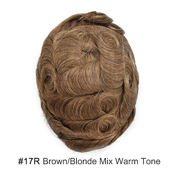Mens Toupee Hair System Replacement French Lace Front Hairpiece for Men PU Poly Skin Male Prosthesis Unit Pre Plucked Hairline 6X8-80% Light Density#17R Brown/Blonde Mix Warm Tone