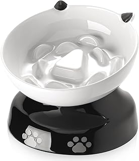 Y YHY Ceramic Cat Slow Feeder, Elevated Dog Food Bowl Tilted Design, Slow Feeder Bowl no Black Chin, Cat Shape for Dry and Wet Food