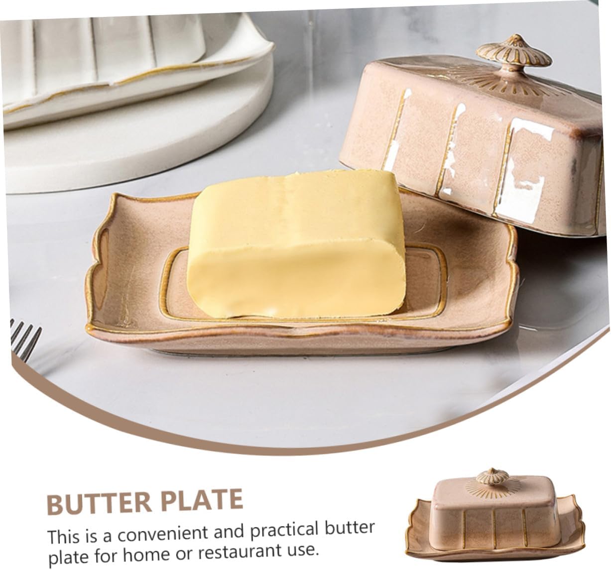 Ceramic Butter Plate with Lid Food Serving Dish Pastry Tray Food-grade Butter Container Stylish Khaki
