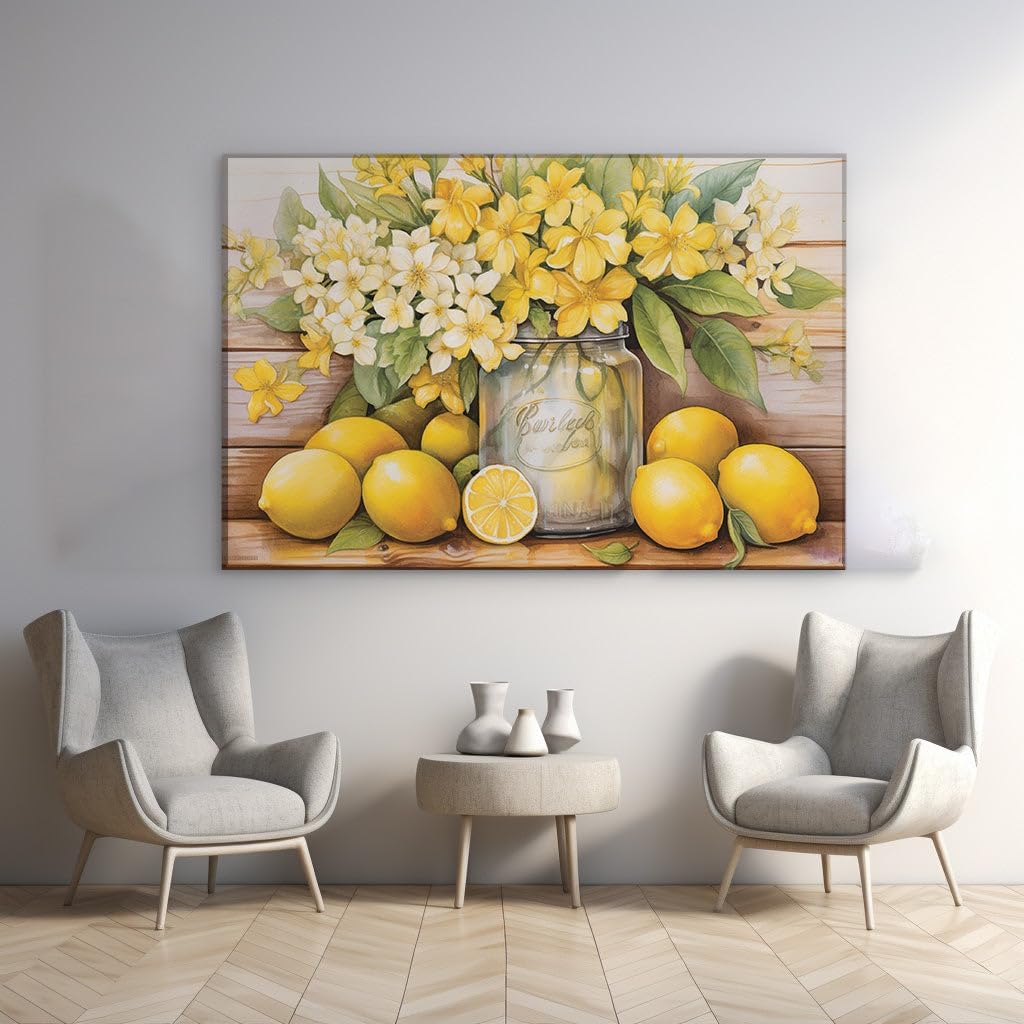 Canvas for Living room. Sunny Still Life: When Life Gives You Lemons and Blooms, 27 x 18 inch Canvas Wall Art - Ready to Hang