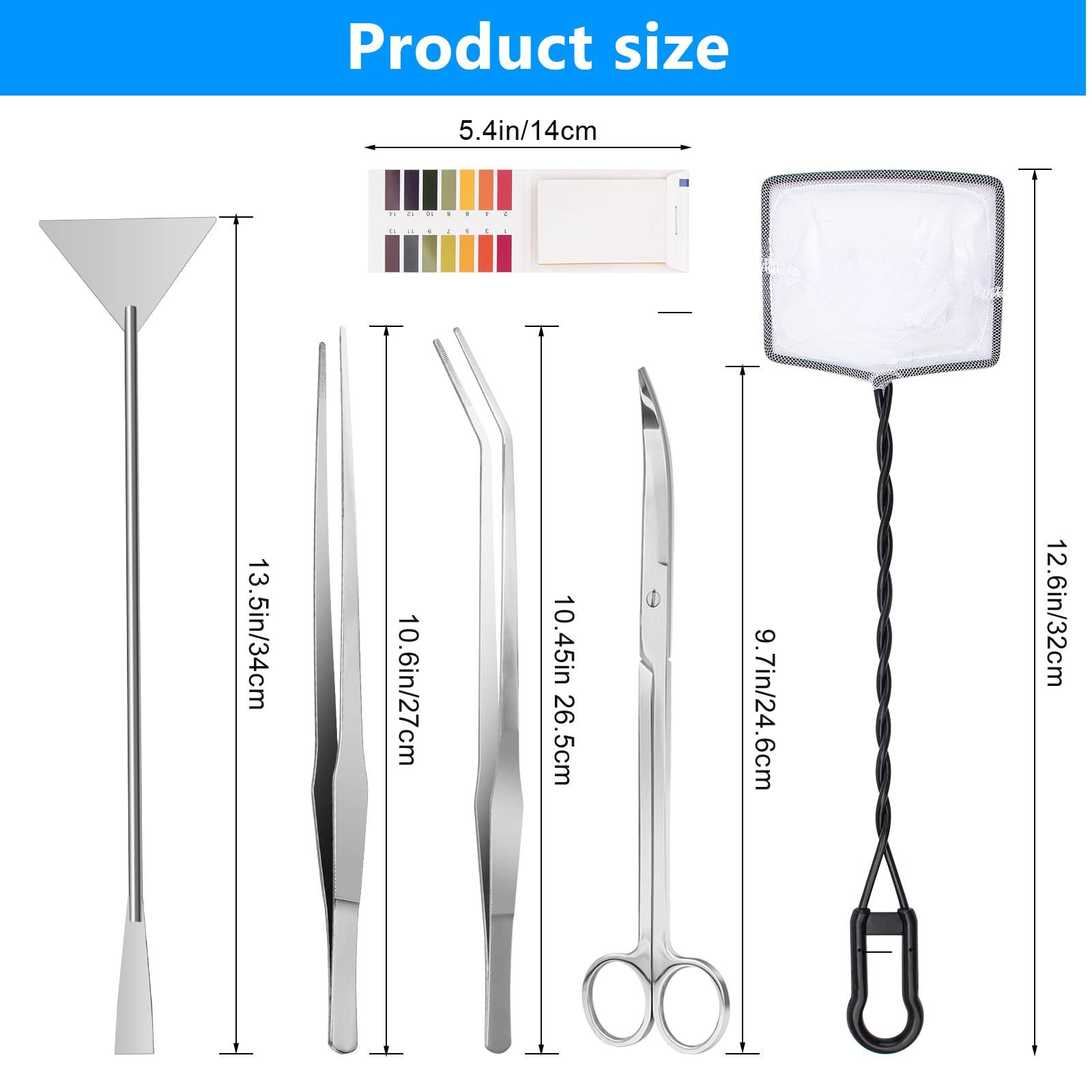 Liveek - Herramienta 6 en 1 para plantas acuáticas, acero inoxidable, plateadas, tijeras, espátula, para peceras, limpieza de peceras, juegos de herramientas con red de pesca, papel pH de 80p (plata)