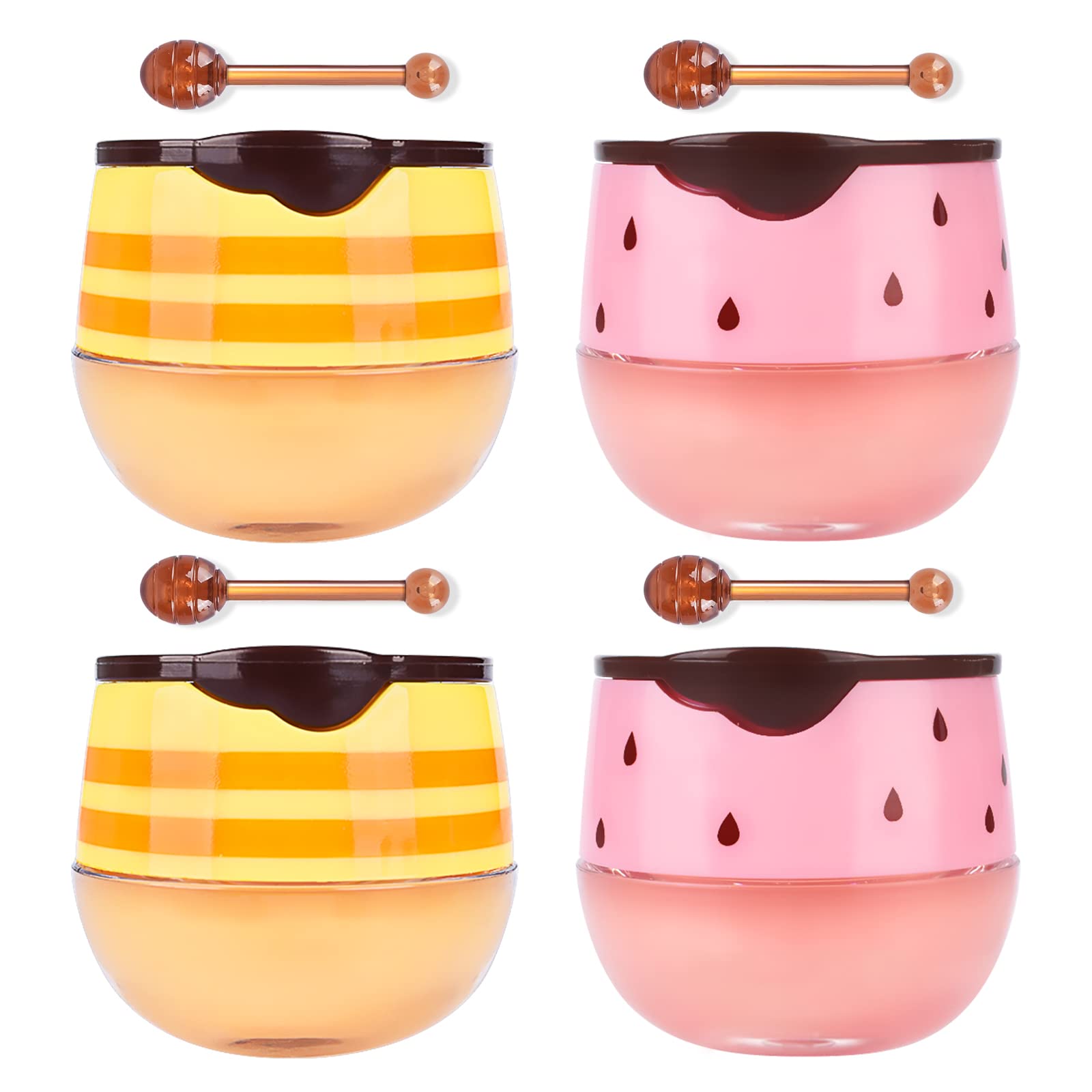 FREEORR4Pcs Honey Strawberry Lip Balm Honey Pot, Strawberry Lip Sleeping Mask, Overnight Lip Sleeping Mask, Honey Balm Lip Balm Pot, Honey Lip Mask Nourish Lip Scrubs Exfoliator Honey/Strawberry