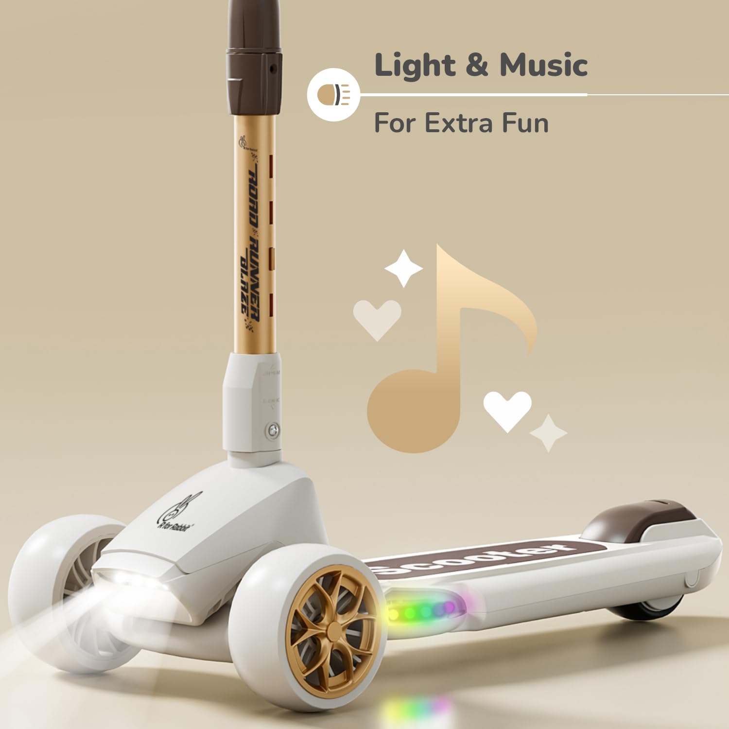 R for Rabbit Road Runner Blaze Foldable Kick Scooter for Kids with 4 Level Adjustable Height, PU LED Wheels, Lights and Music for 3+ Years Baby Boy & Girl of Upto 75kg Weight (Cream Gold) - Image 2 thumbnail