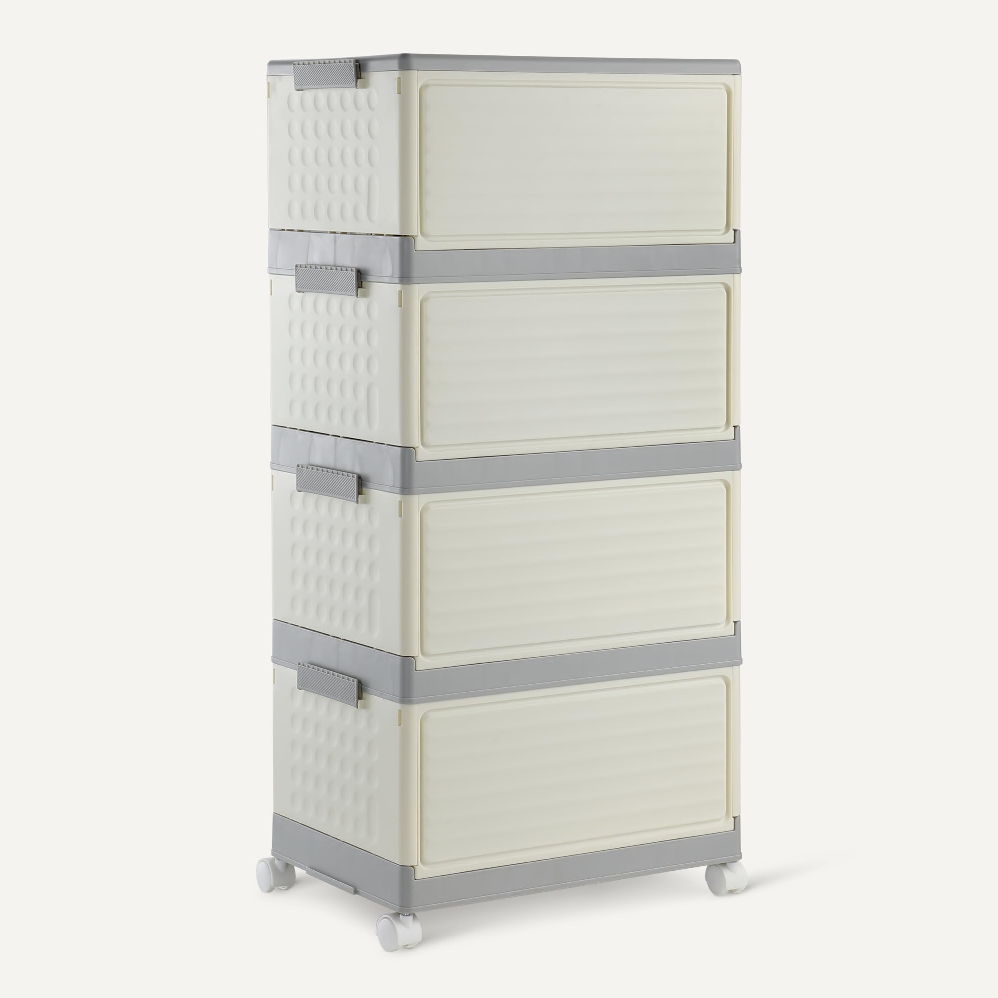 Amazon Basics Contenitori di Stoccaggio Impilabili a 4 Ripiani con Ruote, 21,7L per Ripiano, Contenitori Pieghevoli con Coperchi, 82.6 x 39.1 x 27.2 cm, Grigio/Beige