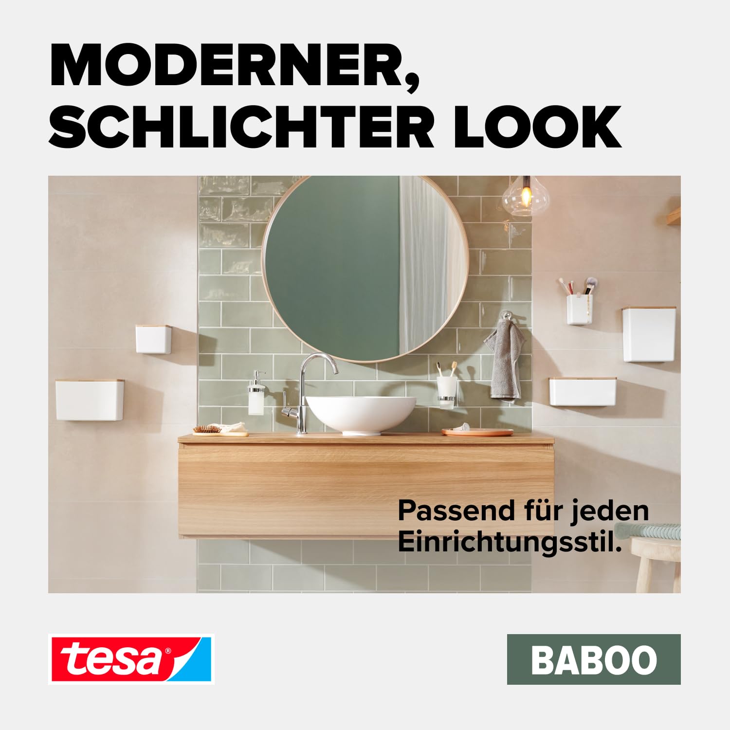 tesa Baboo Badorganizer S mit Bambus-Deckel, matt-weiß - Bad-Aufbewahrungsbox zur Wandmontage ohne Bohren, inkl Powerstrips Waterproof Strips XL - 122 mm x 110 mm x 102 mm