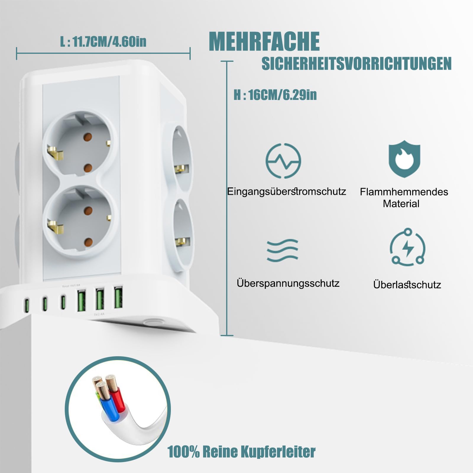 Regleta con USB 8 compartimentos, AOUOO Regleta múltiple con interruptor, 4000 W, 16 A, protección contra sobretensiones, torre de enchufe, cable alargador de 2 m para casa, oficina, cocina, cable de