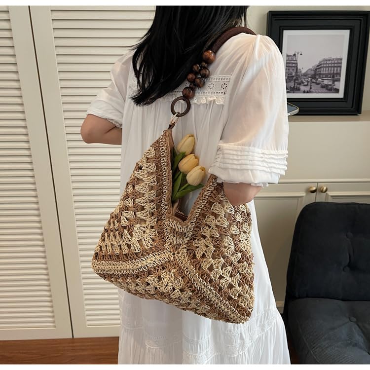 Bolso Tote Tejido para Mujer, Bohemio, Grande, Marrón y Beige miniatura 6