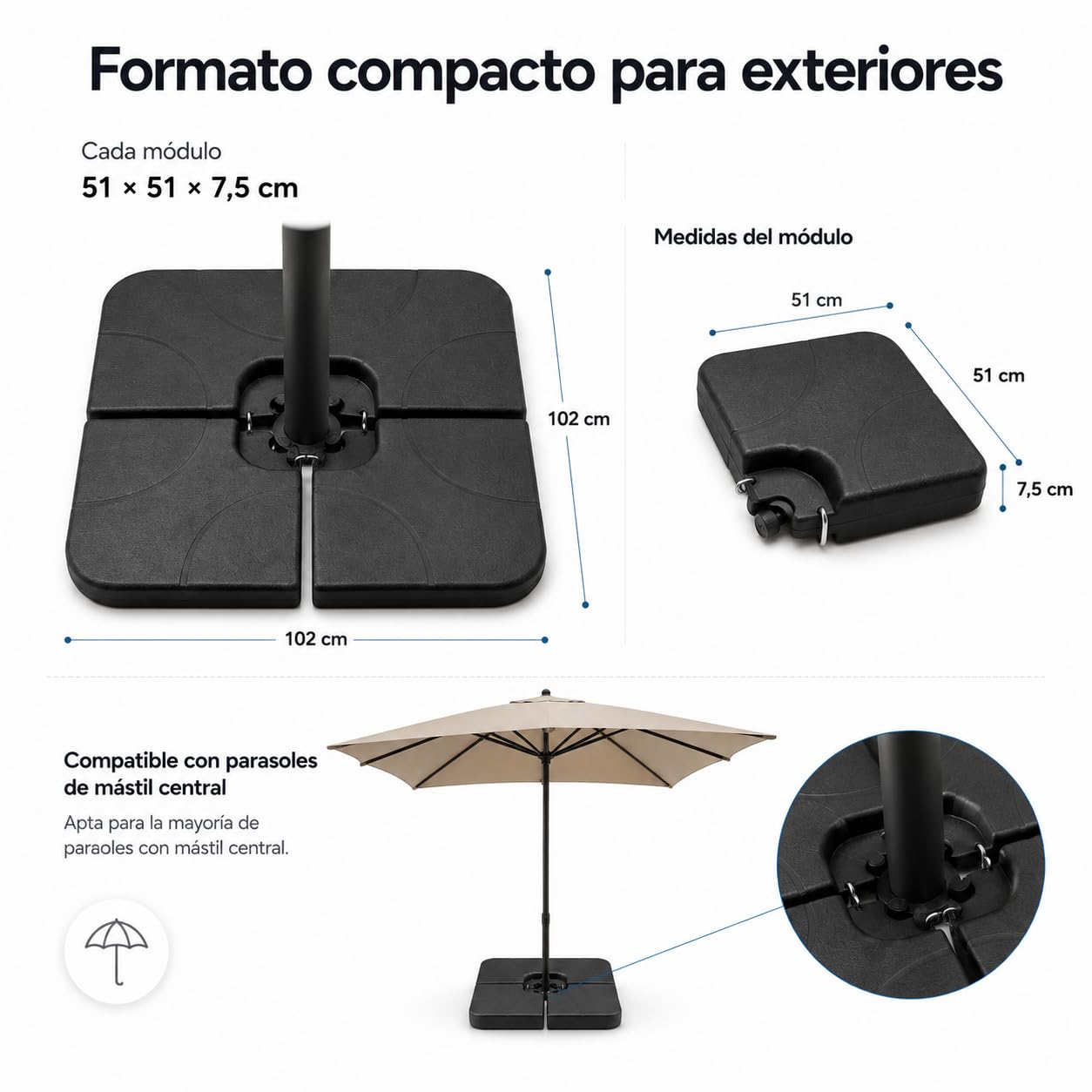 Base para Sombrilla Rellenable Modular 4 Piezas – Pie de Parasol para Agua o Arena, Compatible Mástil Central y Lateral, Negro, Uso Exterior Terraza y Jardín