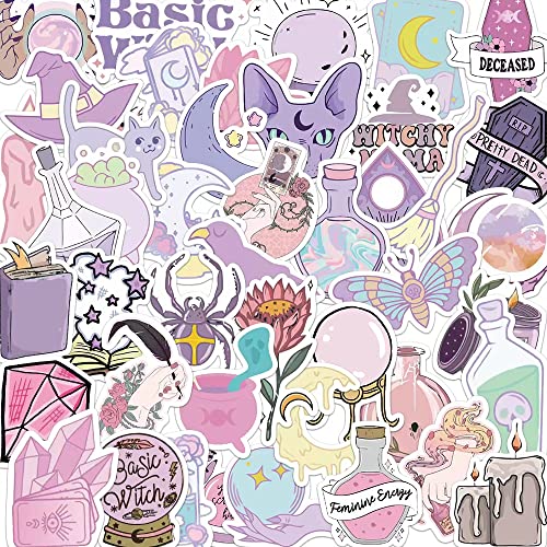 50Stück Pastell Hexe Aufkleber, wasserdicht, Vinyl, Wasserflasche, Laptop Aufkleber magisches Buch Mond Motte Schädel Stern Cover