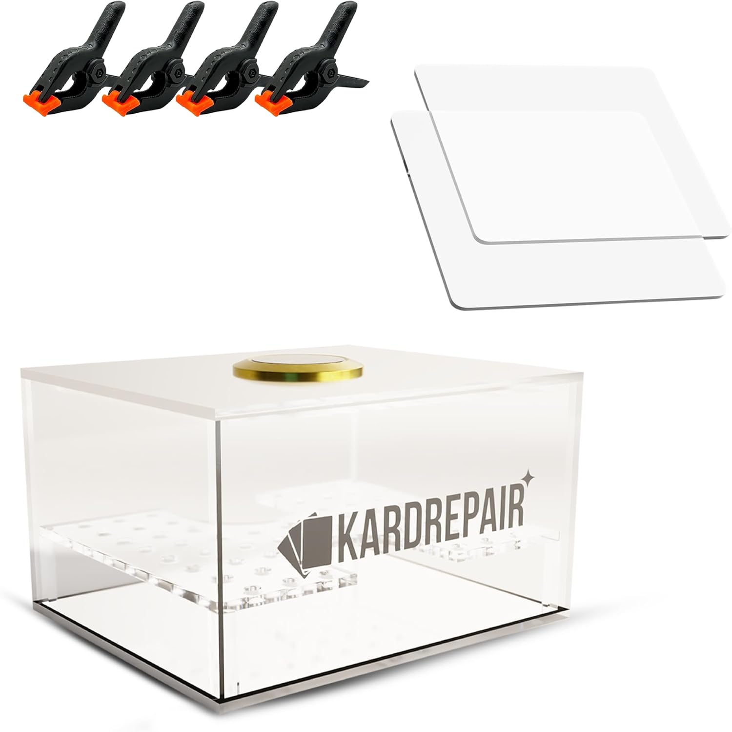 TCG Humidor Repair Kit - Includes 2 Acrylic Flattening Plates & 4 Spring Clamps & Custom Fit Base Sponge for Trading Card Care Kit Restoration - Improve Card Grading