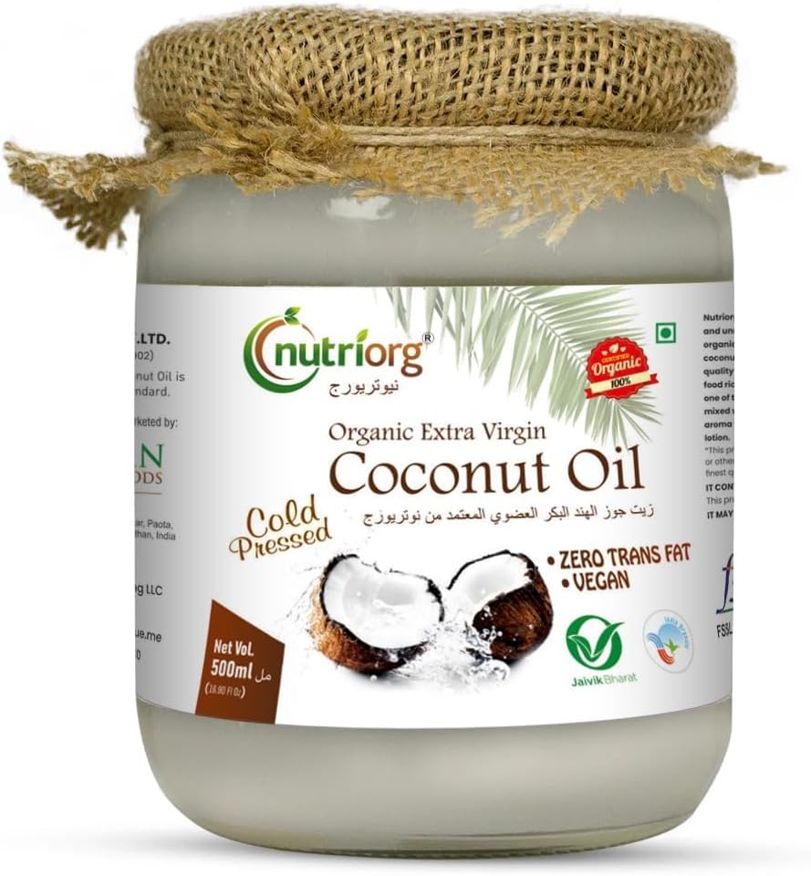 Nutriorg 100% Organic Extra Virgin Coconut Oil | 16.9 Fl. Oz | Unrefined Cold Pressed Plant Based Oil | for Cooking, Hair and Skin | Pure USDA Organic Non-GMO