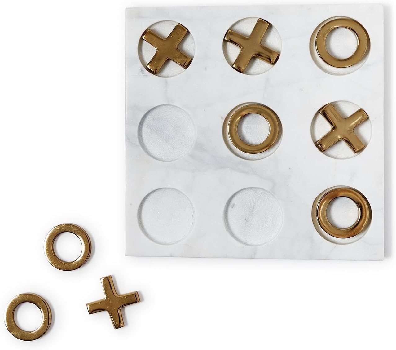 Two's Company Piazza Marble Hand-Crafted Tic-Tac-Toe with Gold Game Pieces, Marble and Aluminum, Gold and White, 9-inches Width
