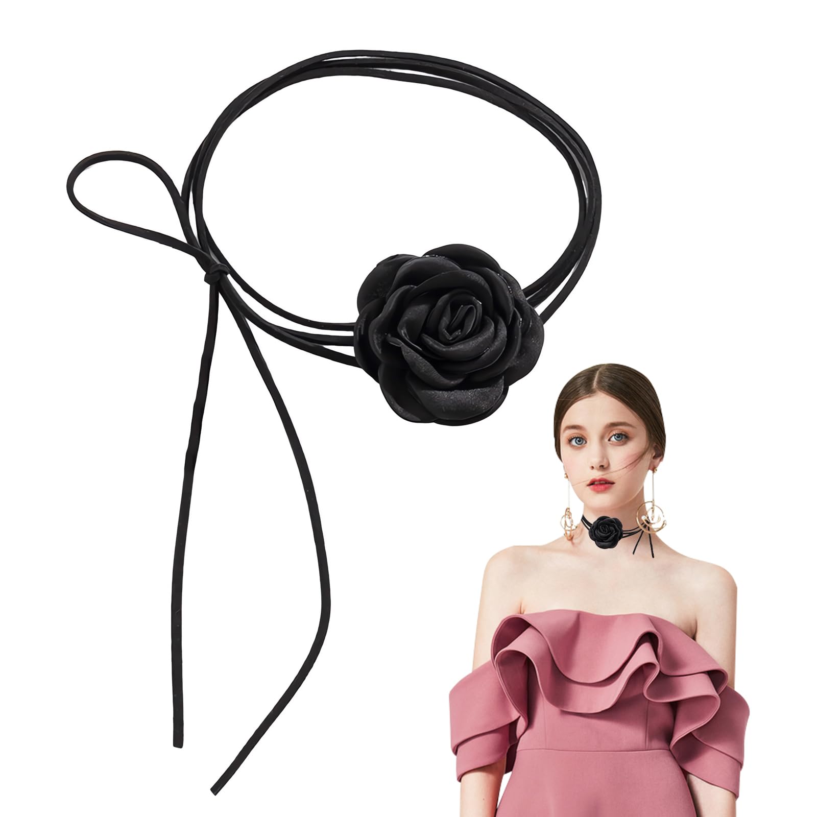 Collana Girocollo Fiore Donna con Rosa, Nero Choker Donna, Elegante Collana Fiore Rosa Collana Girocollo, Perfetto per Feste e Occasioni Speciali