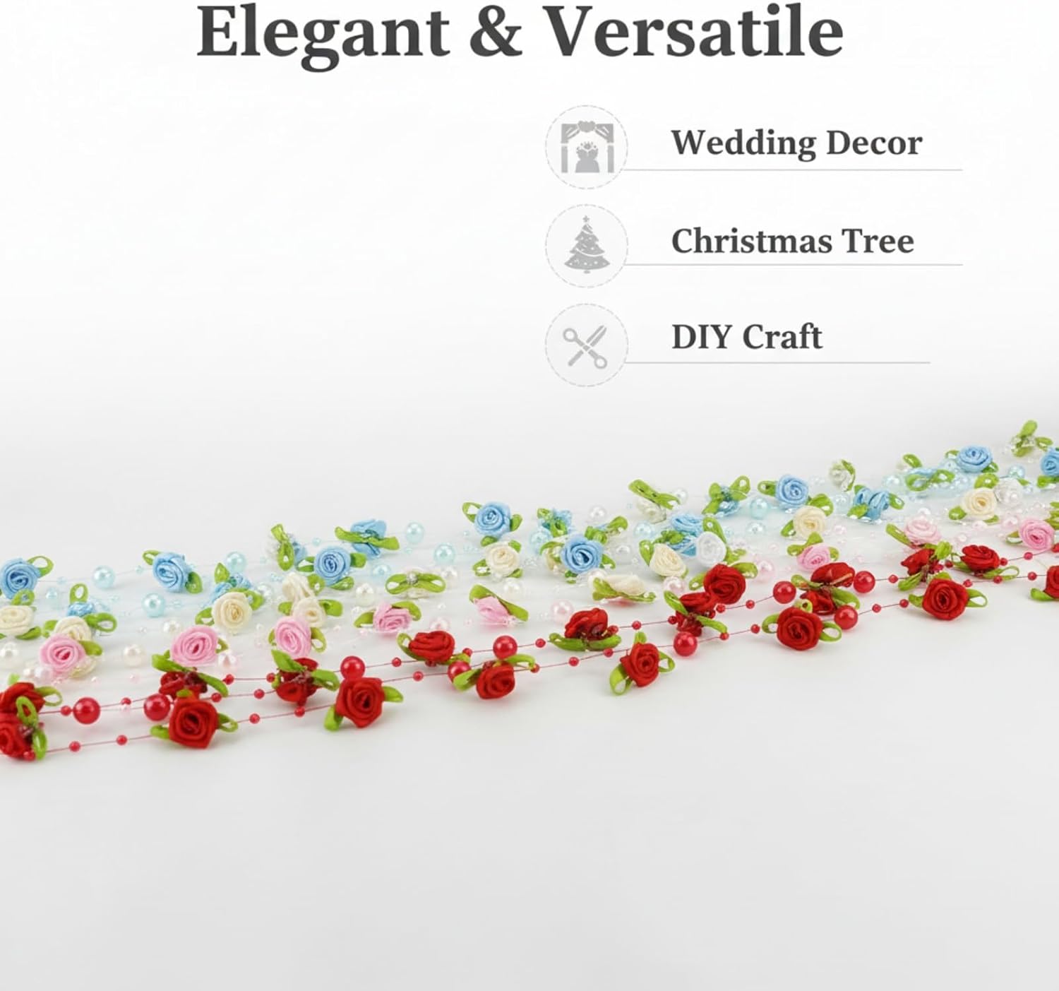 5m/16ft Pearl Garland,Garland Pearl Spool String of Pearls Rose Ribbon String Chain Decorative Beads for Wedding, Party,Christmas Flower Tree and DIY Supplies (Red & Leaf) image 5