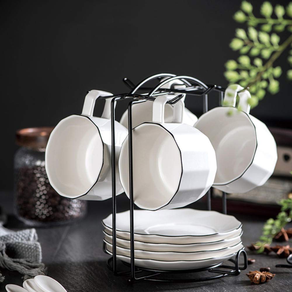 coffee cups set Espresso Coffee Cup Set Ceramic Tea Cup Household European White With Disc Metal Bracket Coffee Cup Saucer 200ml@4 cups of sauce + iron frame