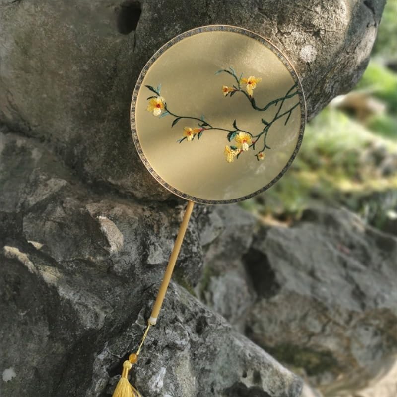Handheld Round Fan Sided Embroidery Chinese Palace with Tassel Vintage Wedding Cosplay Decor