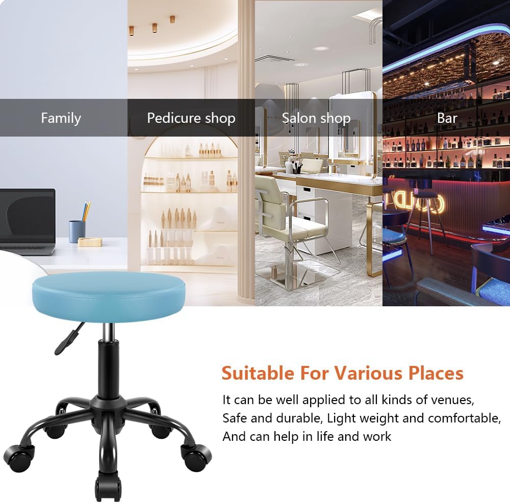 KKTONER Round Rolling Stool Height Adjustable Stool PU Leather Chair with Wheels Salon Spa Drafting stools Small Sky Blue