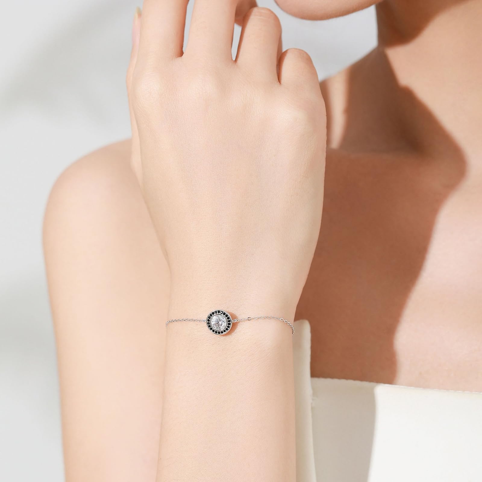 Pulsera de la amistad para mujer con circonita cúbica, pulsera redonda de plata fina ajustable de plata de ley para novia, esposa, ella, adecuada para aniversario