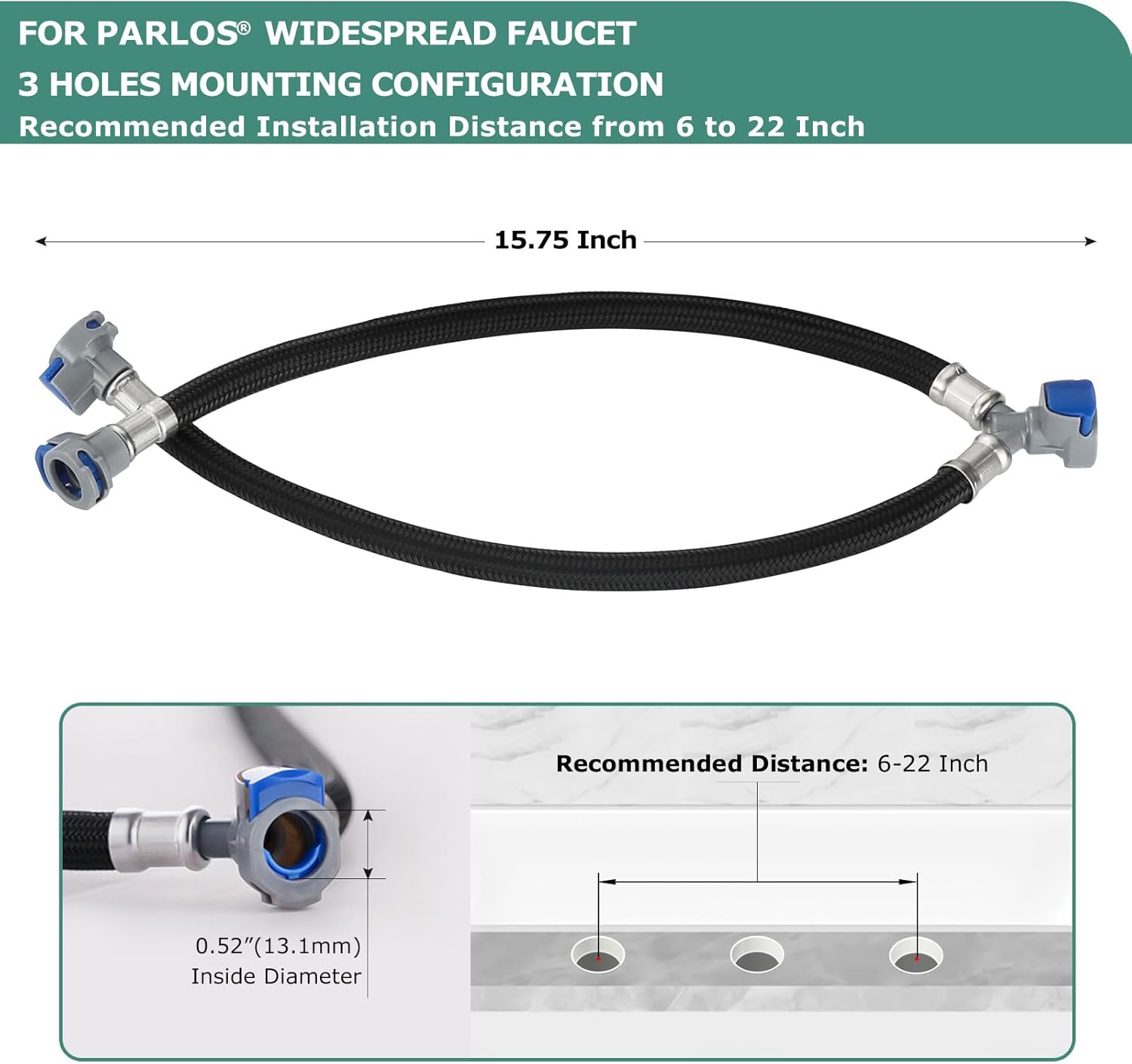 15.75 Inch Extended Quick Connect Hose Hot & Cold Water Mixer Line with Snap-in Buckle for PARLOS Widespread Faucet Roman Tub Filler, 2109301