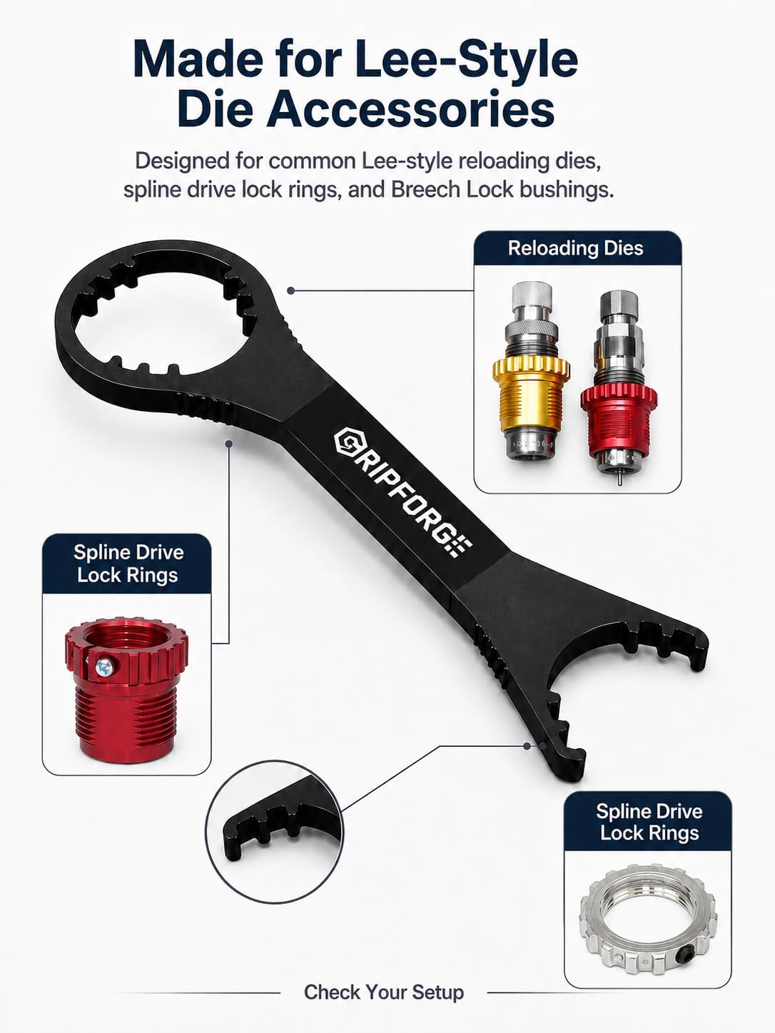 Offset Die Wrench Compatible with Lee Reloading Dies, Spline Drive Lock Rings & Breech Lock Bushings, 42CrMo Alloy Steel Double-End Angled Wrench with Thumb Grip Zones