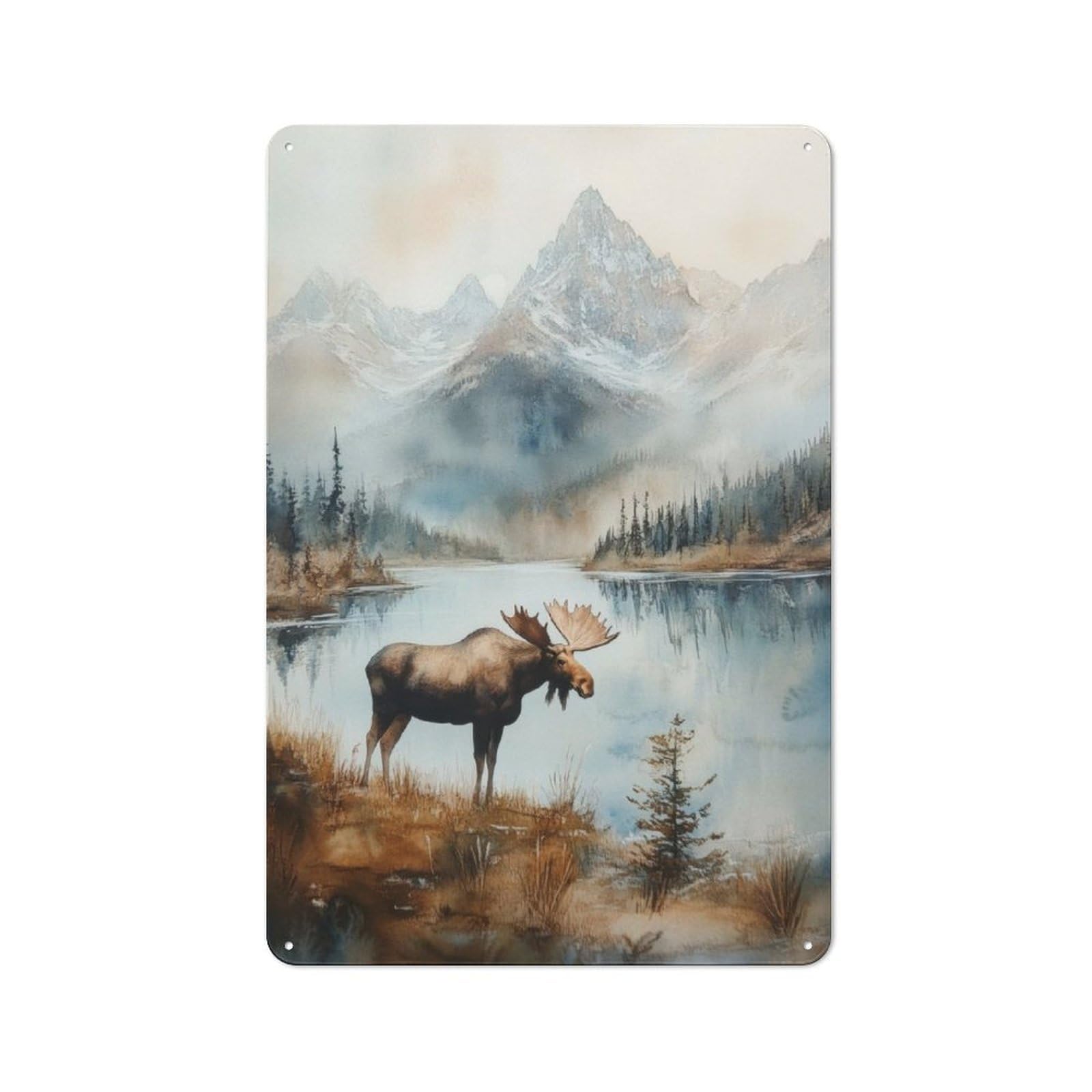 Junmoney Moose In Mountain Landscape Watercolor Modern Retro Metal Wall Art Sign 30X20cm, Studio Wall Art For Modern Home, Workshop, Office Or Cafe