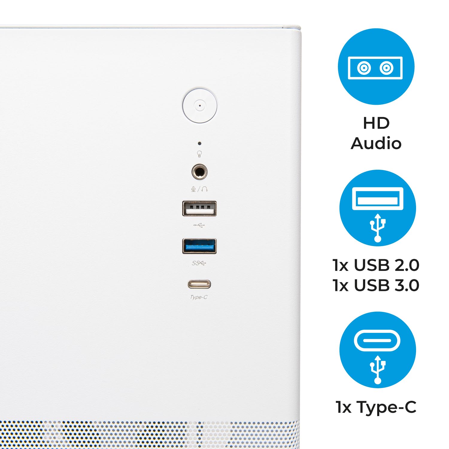 VulTech VCO-A1759-B Boîtier PC ATX Mid Tower en Acier SPCC, Type-C, USB 3.0, Ventilateur 120 mm Inclus sans Alimentation, Blanc
