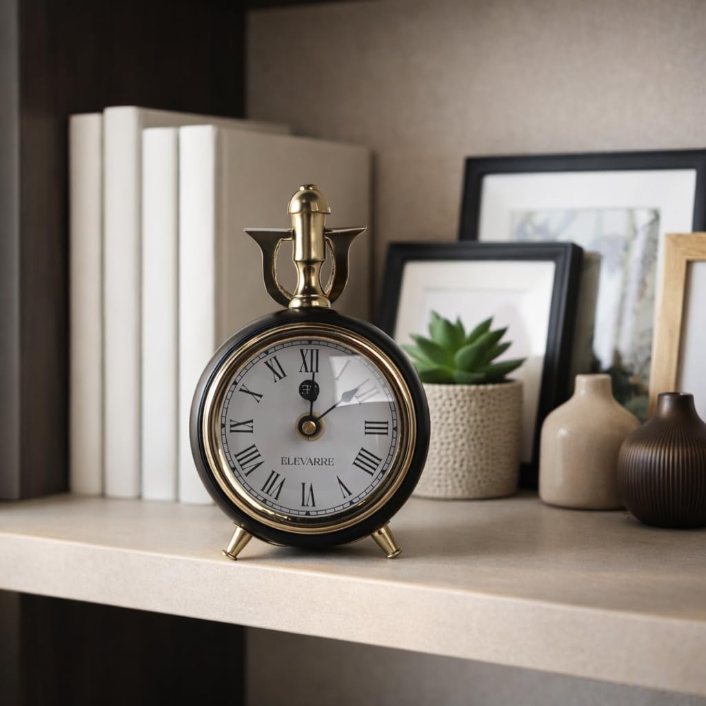 Round Brass Clock for Living Room Decor - Small Desk Clock with Roman Numerals for Mantel - Modern Transitional Style Accent for Table Display for Home or Office Desk - 6”, Black & Gold