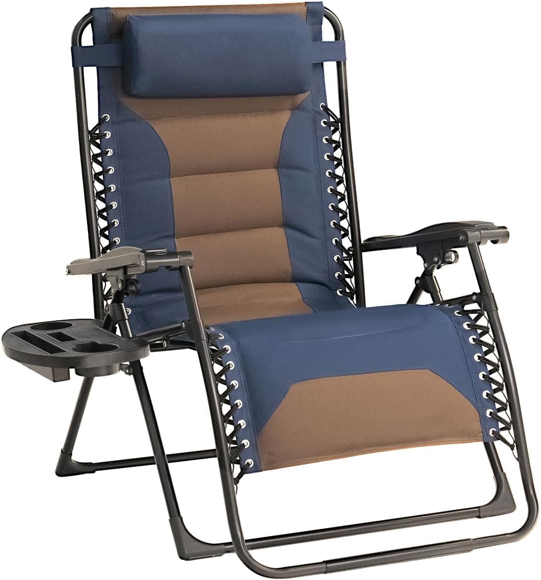 Zero Gravity Chair Oversized Padded Recliner with Adjustable Headrest & Cup Holder - 600D Oxford Folding Lounge Chair for Outdoor Camping, Patio, Poolside (Brown & Blue) product image