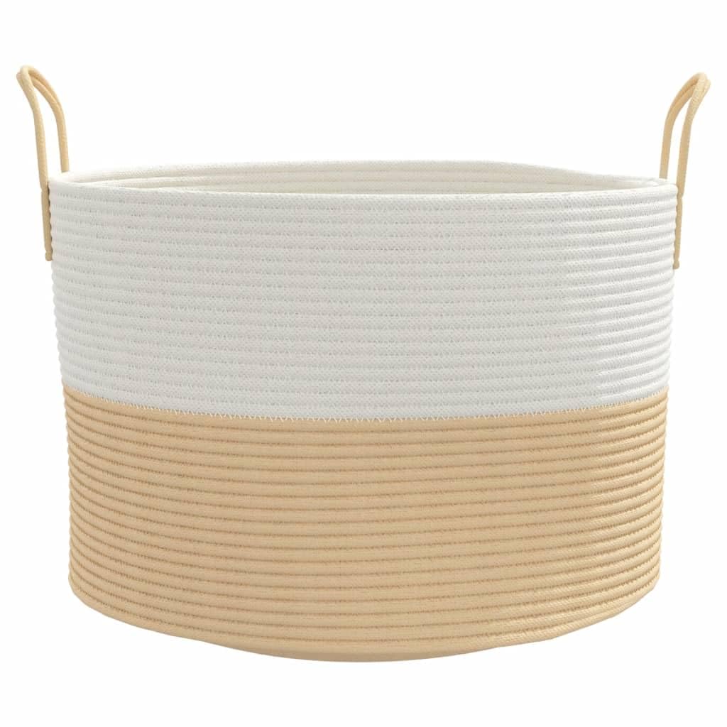 Aufbewahrungskorb Beige Weiss 51x33 cm Baumwolle | Faltbar, mit Griffen, fuer Handtuecher, Kleidung, Spielzeug, Dekorativ