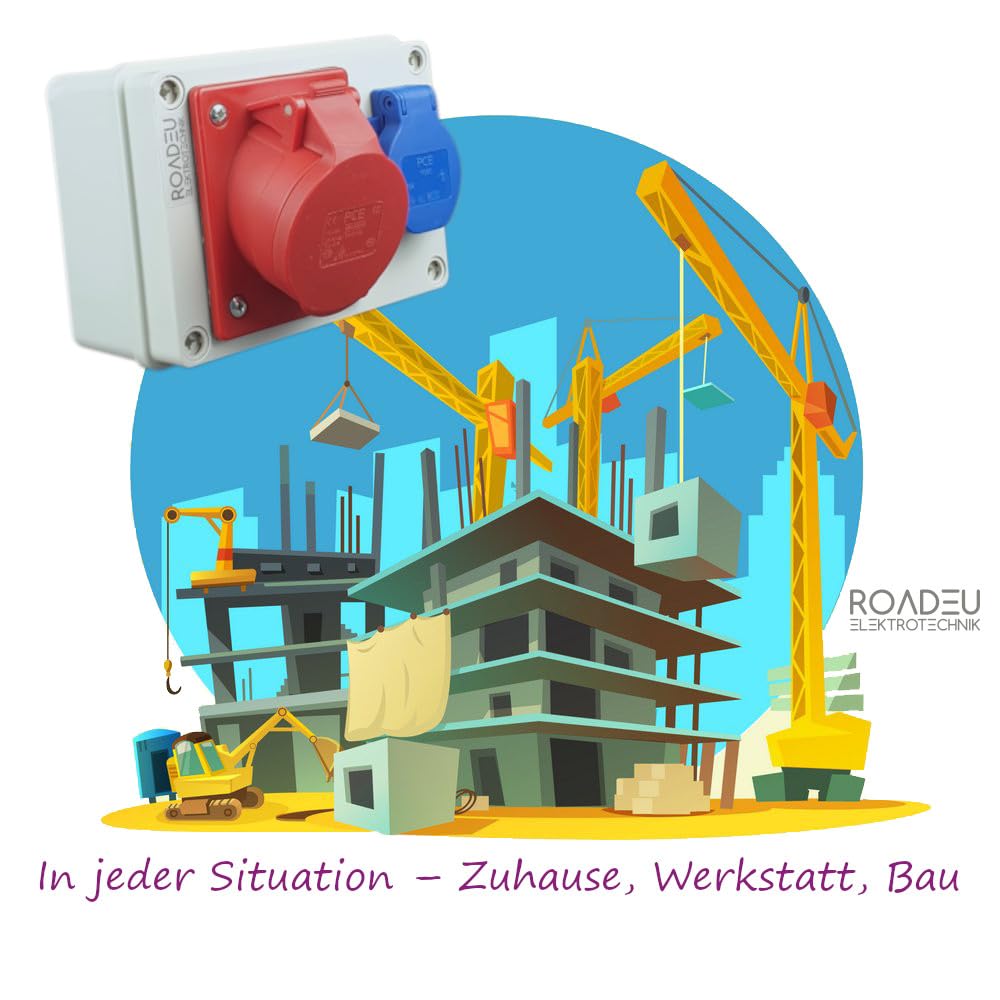 RoadEu - Distribuidor de pared 16A 5P - Enchufe CEE con Schuko 230V - Toma de pared combinada, IP44, totalmente cableado. Ideal para Taller, Cobertizo y Fábricas