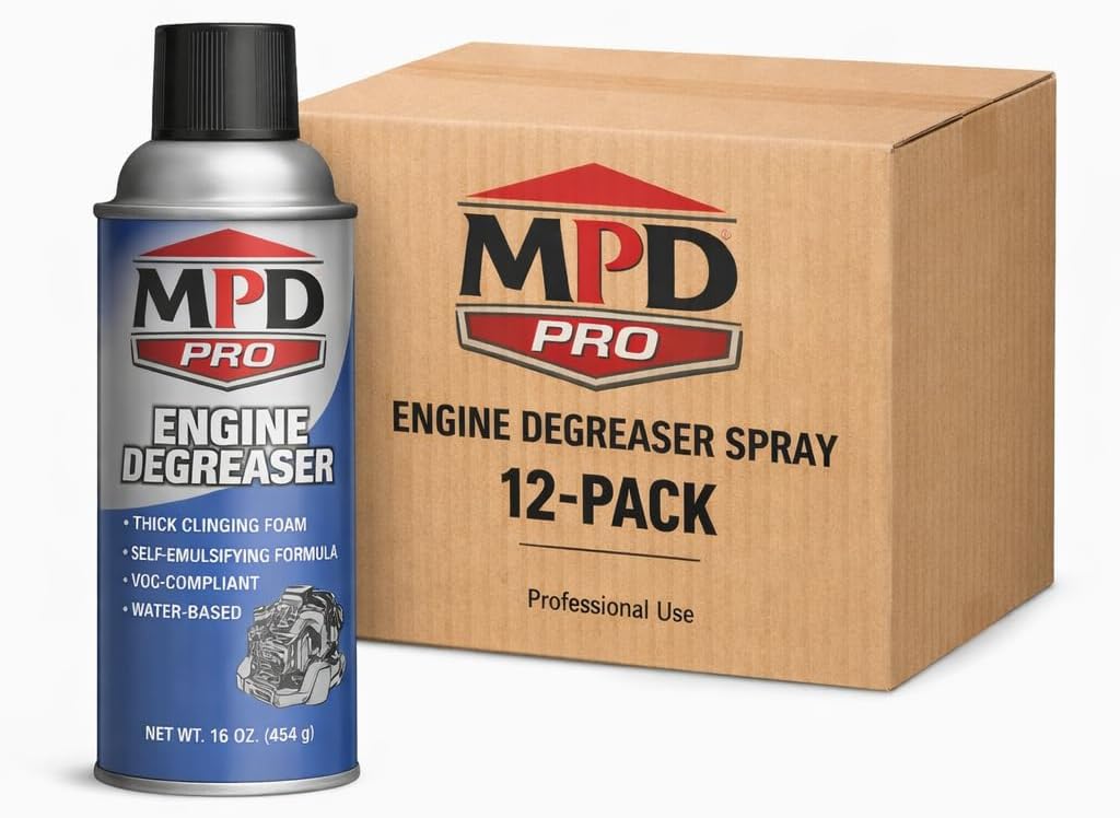 MPD PRO Engine Degreaser Spray – Heavy Duty Foaming Cleaner for Oil, Grease & Grime – Automotive Engine Bay Treatment, Water-Based Self-Emulsifying Formula, VOC Compliant, 12 Pack