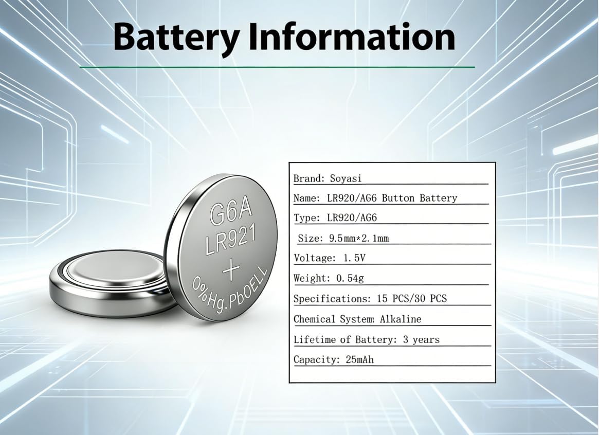 30 Pack AG6 LR69 1.5V Alkaline Coin Battery 371 370 SR920SW LR920 LR921 | Long-lasting alkaline battery, compatible SR927 171 L921, perfect for watches & daily electronics