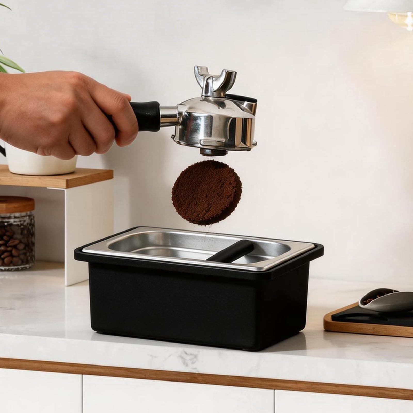 Boîte à marc de café espresso, récipient à marc en acier inoxydable, grande boîte à café avec caoutchouc amortisseur et joints en silicone, durable et facile à nettoyer