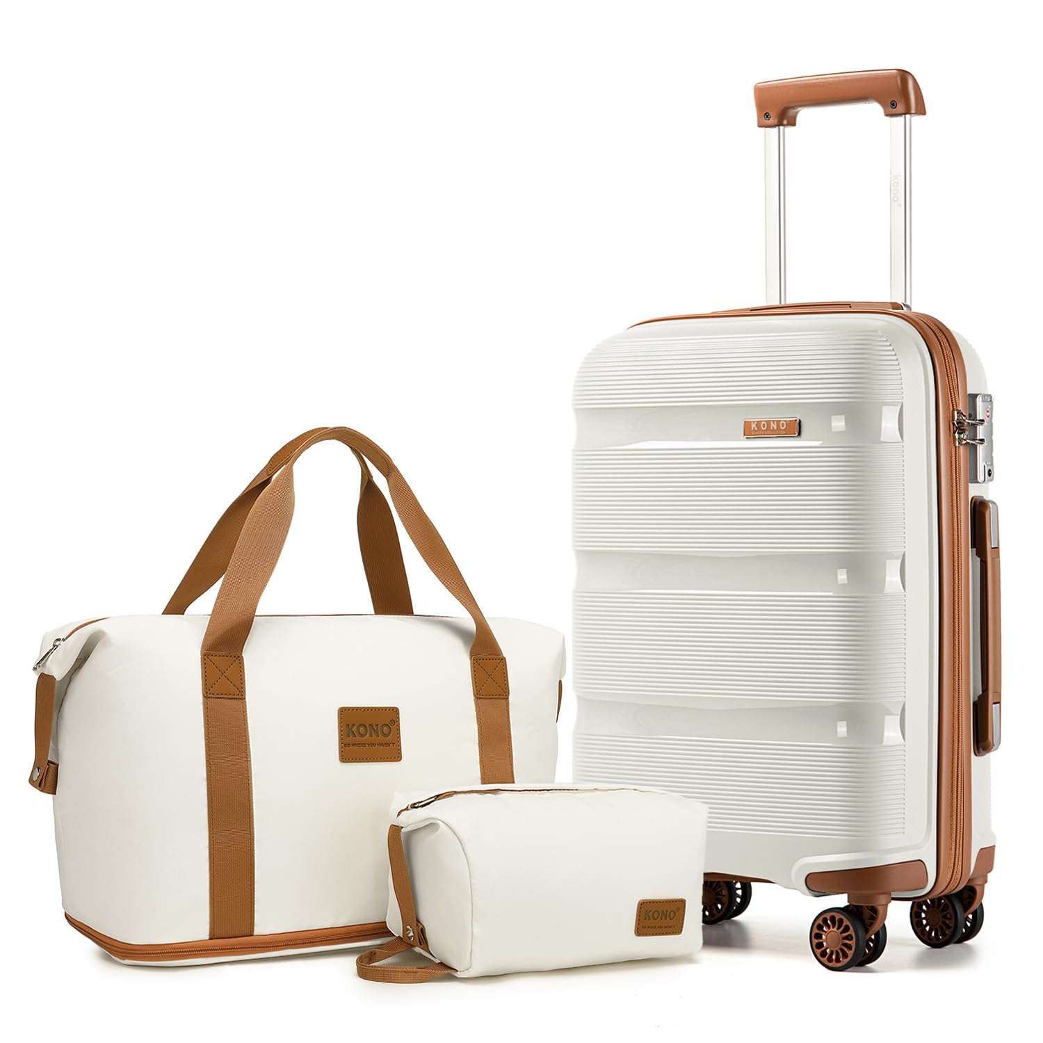 Kono Luggage Sets 3 Piece Hard Shell Travel Trolley 4 Spinner Wheels Lightweight Polypropylene Suitcase with TSA Lock(Cream White, 3 piece set (DB/TB/20)), K2092L CM 20+EA2212 BG/BN
