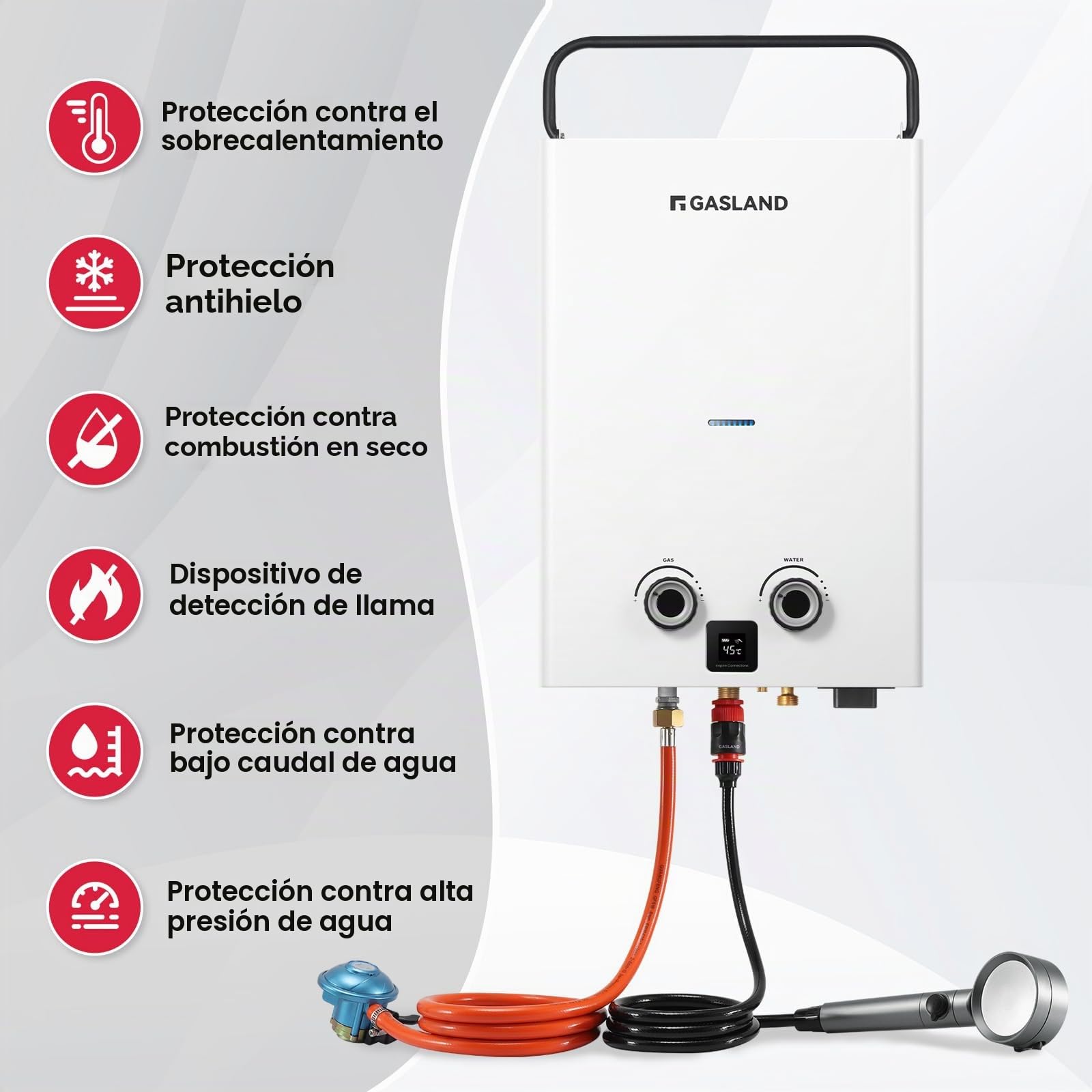 GASLAND Go Shower Series G10 - Calentador de agua a gas, ultradelgado, portátil, para exteriores, 10 litros, butano (28-30 mbar)/propano (37 mbar), ducha de GLP para camping, caravana, granero