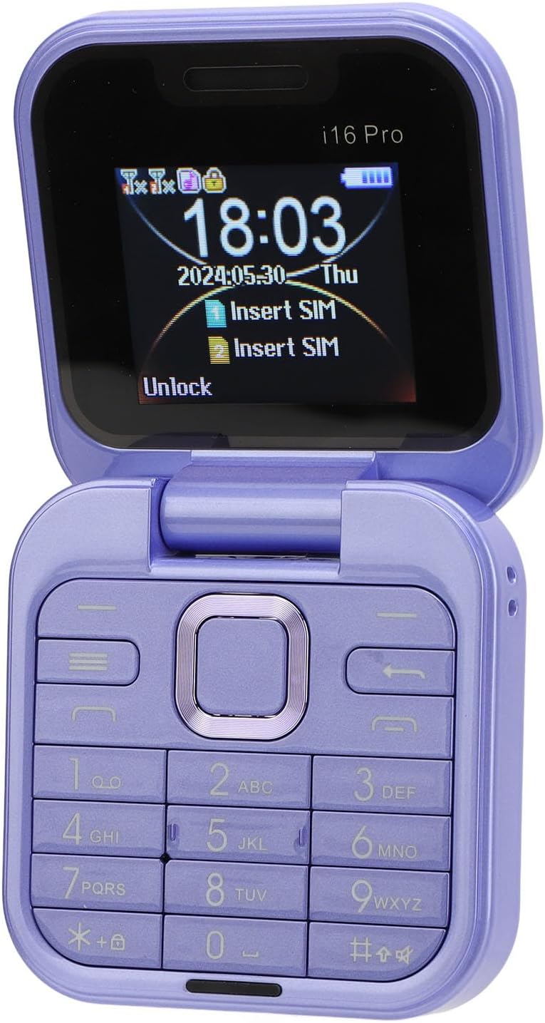 Zunate 2G Mini Flip Mobile Phone, Foldable Cell Phone 2 SIM Card Slots, 1.77 Small Display, Unlocked Flip Phone Supports FM Radio, Quick Dial, Vibration (Purple)