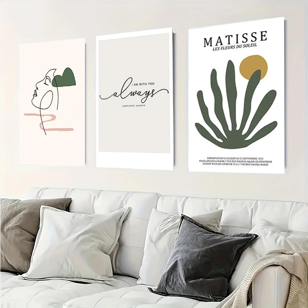 SDVIB Quadro decorativo moderno minimalista astratto con piante verdi geometriche, stampa su tela, poster, decorazione murale per la casa (60x80 cm/3 pezzi senza cornice)