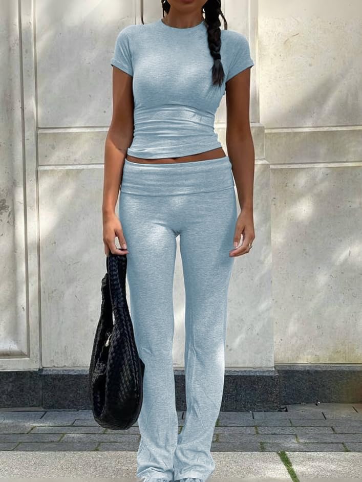 Image of ZFLM Casual Workout Two Piece Outfits for Women Short Sleeve Crop High Waist Foldover Flare Pants Tracksuit Sets Streetwear