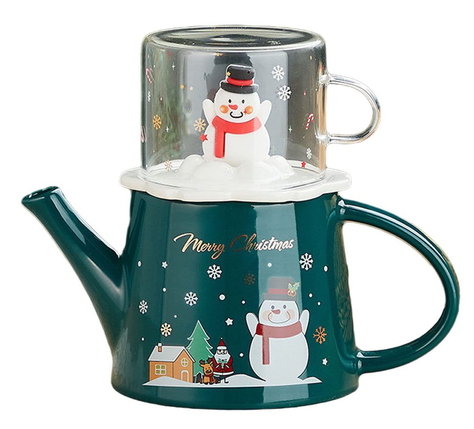 YBK Tech Christmas Series Tea for One Set, 15.5oz Ceramic Teapot and 7.5oz Glass Cup, Snowman Pattern (Green)