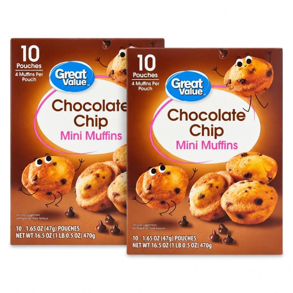 Great Value Chocolate Chip Mini Muffins, Soft & Moist Bite-Size Treats, 1.65 oz Pouches, 10 Count, Pack of 2, 20 Pouches Total, 80 Mini Muffins, 33 oz