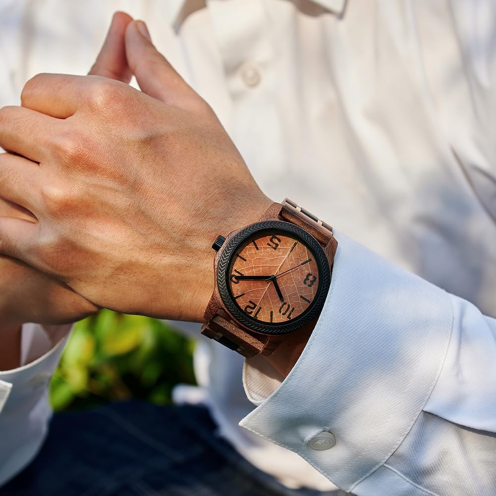 EBONY Wood Watch for Men Natural Wooden Japanese Quartz Minimalist Style Mens Wristwatch Unique Real Leaf Vein Dials Lightweight Casual Watches - Image 4