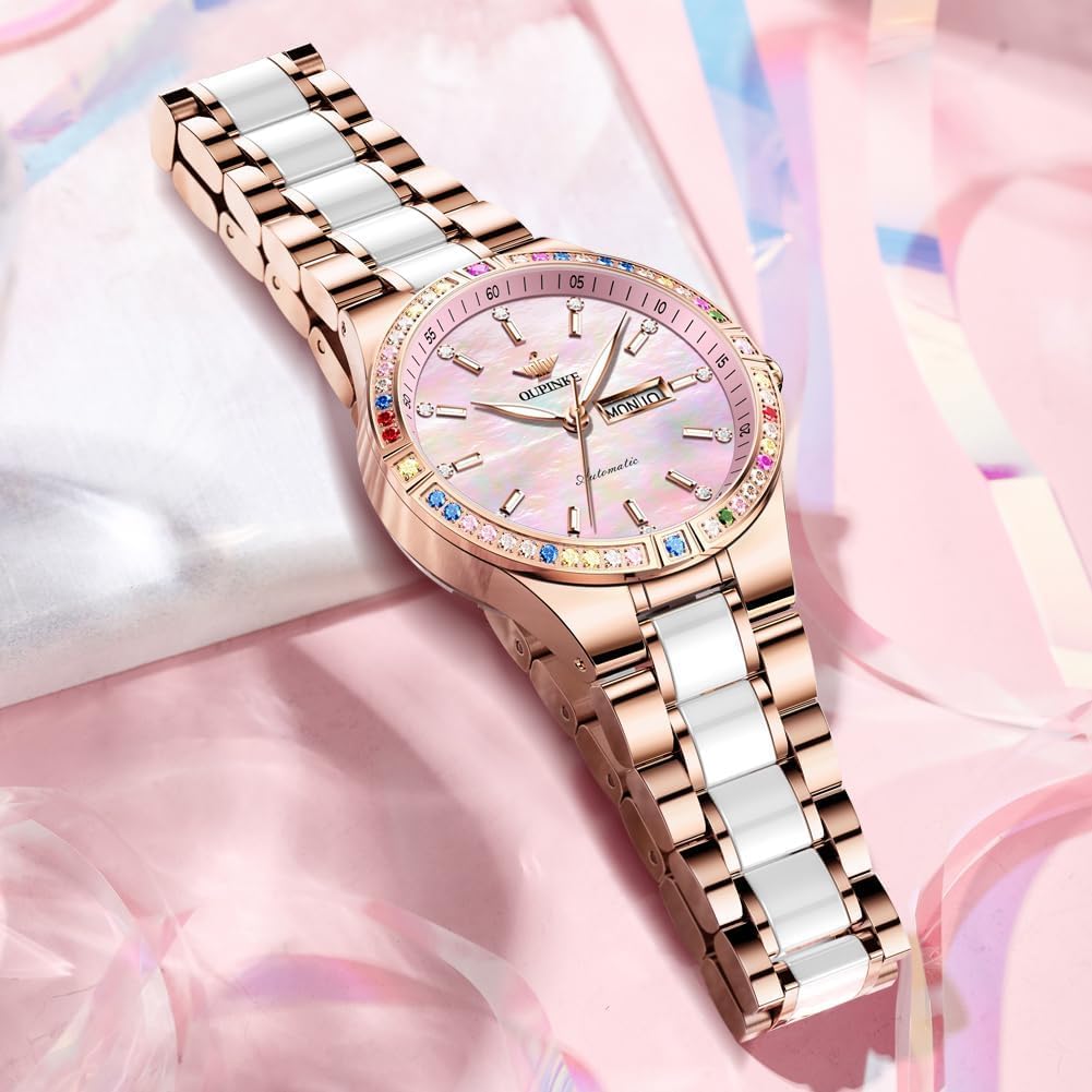 OUPINKE Automatic Watches for Women Diamond Luxury Dress Self Winding Stainless Steel Sapphire Crystal Ceramic Ladies Watches - Image 2