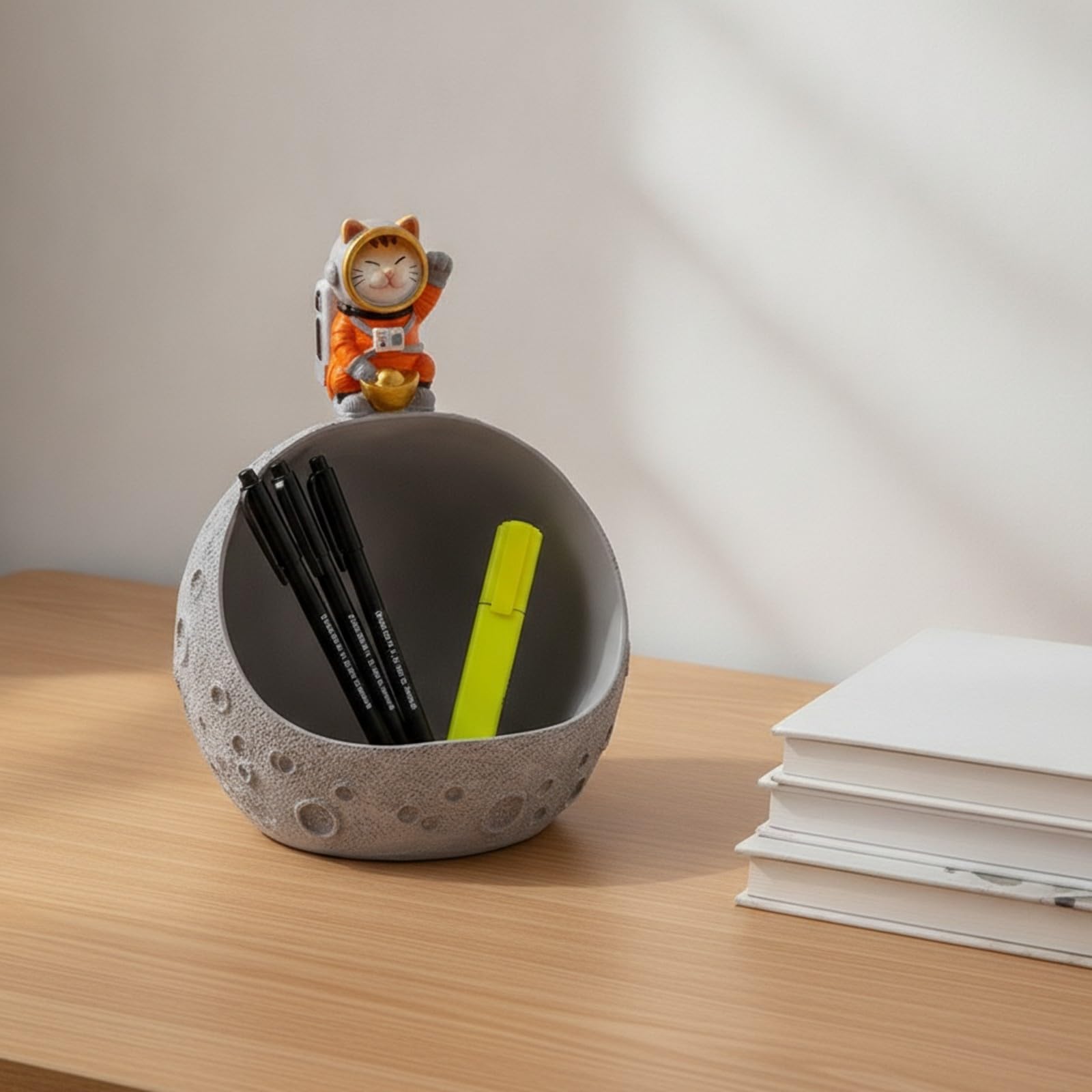 Portalápices Mesa con Minino |, con textura, Organizador Resina Forma Cráter, para Oficina, Niños, Plata+Naranja
