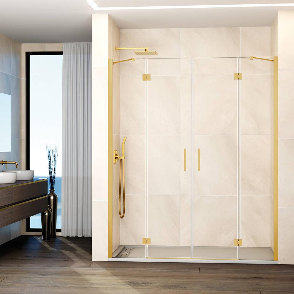 GME - Mampara Ducha Frontal 2 Puertas Fijas + 2 Correderas 155cm Oro | Mampara de Cristal con Perfilería de Aluminio y 195cm de Altura | Cristal Templado 6mm Antical Y Cierre Magnético