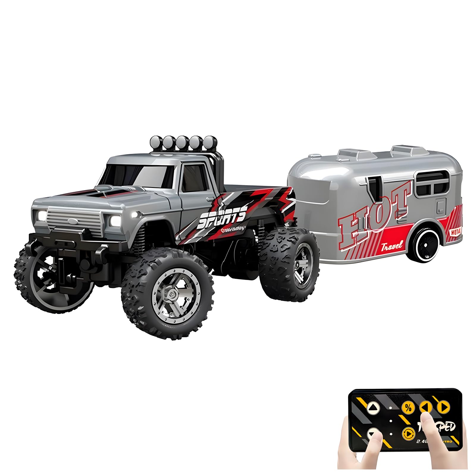 Mini Rc Truck, 1:64 Scale Monster Truck Remote Control Car with Lights, 2.4Ghz Remote Control, Mini Alloy Monster Truck Rc, Speed/Steering Adjustable (Grey)
