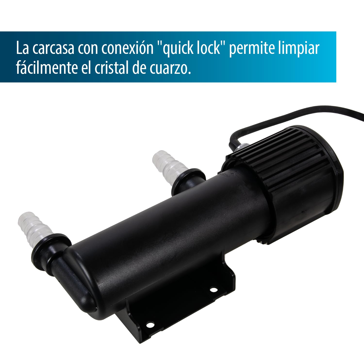 AquaForte GUV-207 UV-C, Estanque máx. 6 m³, caudal máximo 1,2 m³/Hora, 7 W, Carcasa con conexión Quick Lock, Equipada con 3 Conexiones: 3 Conexiones de Manguera 20/25/32/40 mm y Vidrio de succión UV