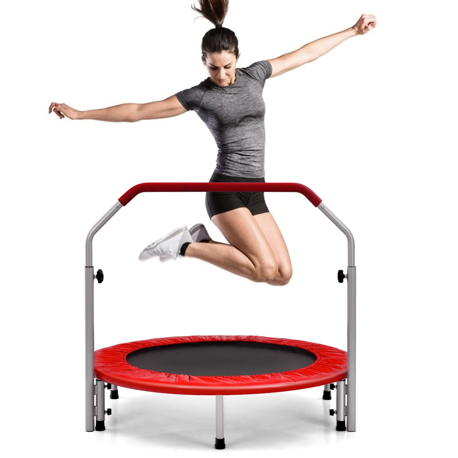 COSTWAY 40" Trampoline, Foldable Fitness Bouncer with 4-Level Adjustable Foam Handle and Safety Padded Cover, Indoor Outdoor Exercise Rebounder Workout for Kids & Adults (Red)