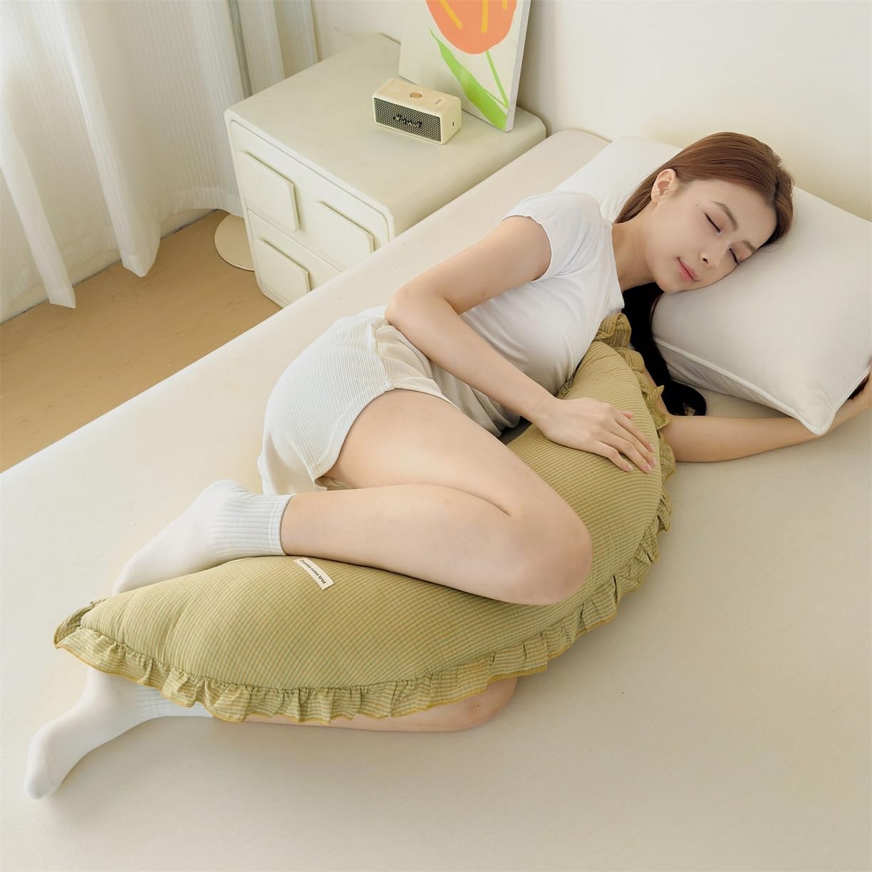Moon Body Pillow for Side Sleepers with Ruffles, Leg Pillow for Sleeping, Soft Knee Pillow Support, Pregnancy Pillow, Throw Pillow 12×32 in Cream Yellow - Lifestyle View 2 Count (30x80cm)